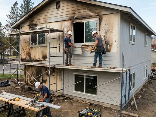 Star Construction WA crew performing fire damage restoration on a burned home in Spokane, Washington